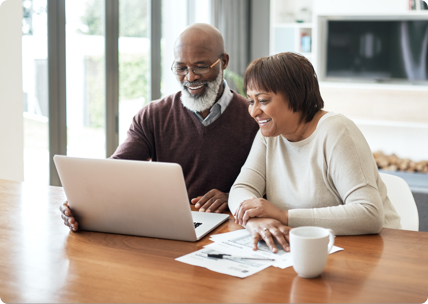 Smiling senior couple looks at laptop together